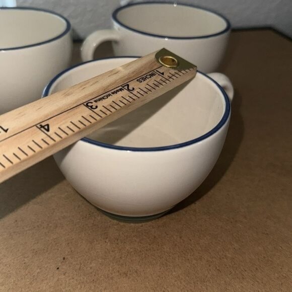 Pfaltzgraff Ceramic Cups Set Of 5 White With Blue Trim & Green Base - Picture 7 of 9